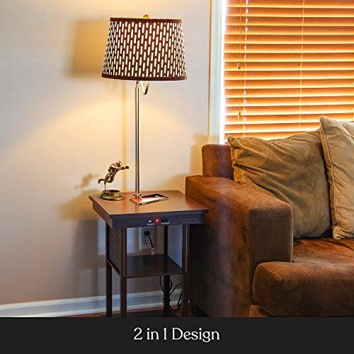 Brightech Madison Side Table with Lamp Combo, Desk Lamp with Wireless Charging Pad and USB Port, Bedside Reading Lamp, Nightstand Lamp with LED Bulb for Bedroom, Living Room, Office - Havana Brown