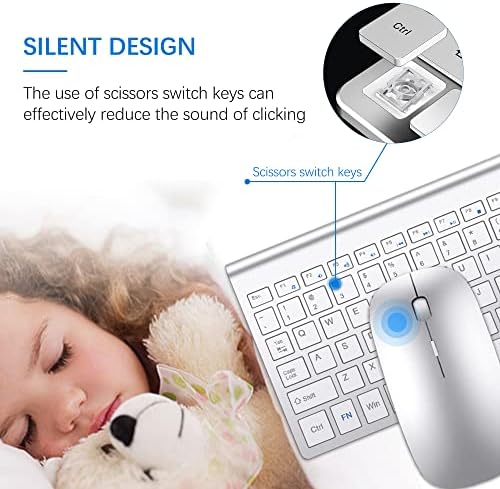 Wireless Keyboard and Mouse Ultra Slim Combo, TopMate - Silver White