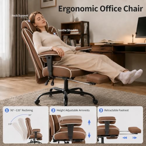 DJ·Wang Big and Tall Office Chair 400lbs, Executive Office Chair with Foot Rest Brown PU Leather