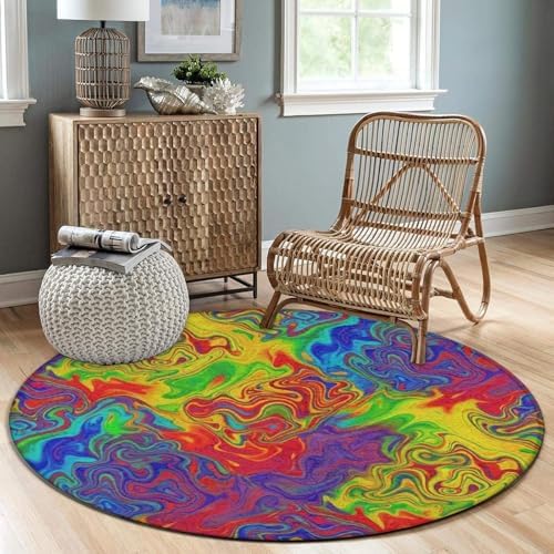 Room Sofa Yoga Soft Round Carpet, Home Decor Non Slip Kitchen Office Circle Rug, Machine Washable Modern Round Area Rug Rainbow Neon Watercolors