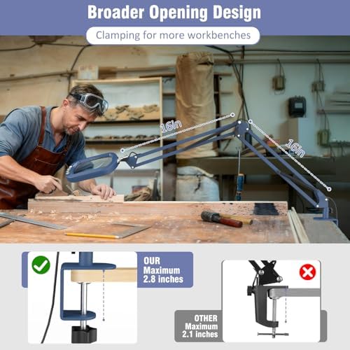 16" Extra Long Magnifying Glass with Light and Clamp, Real Glass, 5 Color Modes, Stepless Dimmable, Lighted Magnifier with Stand Hands Free, LED Swing Arm Desk Lamp for Close Work, Craft, Blue