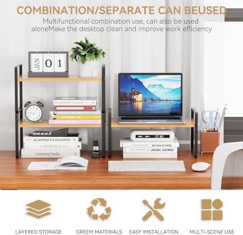 YGYQZ Desk Shelf Organizer, 2-Tier Desktop Bookshelf, Black & Wood