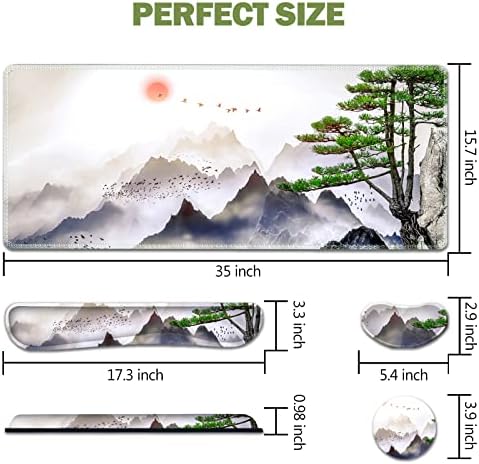 AIMSA Large Gaming Mouse Pad Set, Keyboard Wrist Rest Support + Extended Mouse Pad + Mouse Wrist Cushion + Coaster, Ergonomic Memory Foam Desk Mat 35x15.7in Anti-Slip Base (Pine Tree Mountains)