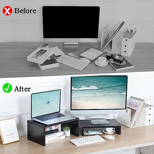 TEAMIX 2-Pack Monitor & Laptop Stand Riser,Wood High-Low Dual Monitor Setup