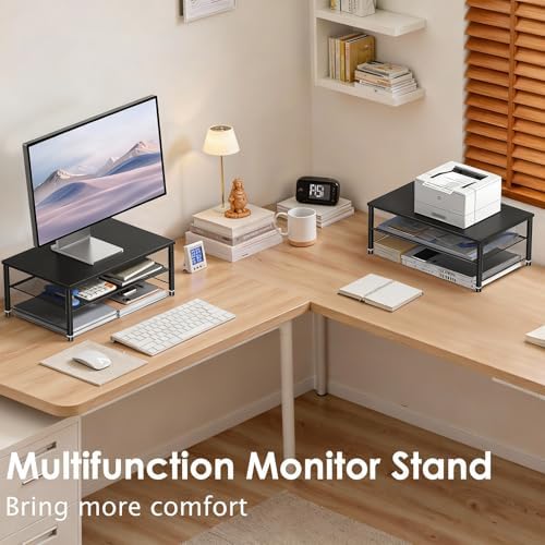 OPNICE 2-Tier Computer Monitor Stand Riser, Laptop Stand for Desk, Desk Organizer for Office, Home and School Supplies, Black