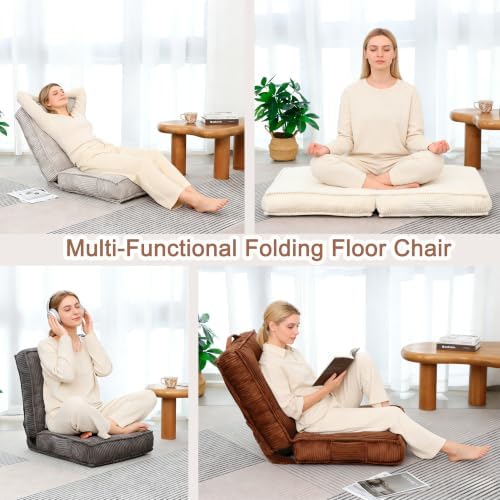 Folding Floor Tatami Chair with Back Support, 6-Position Adjustable, Grey