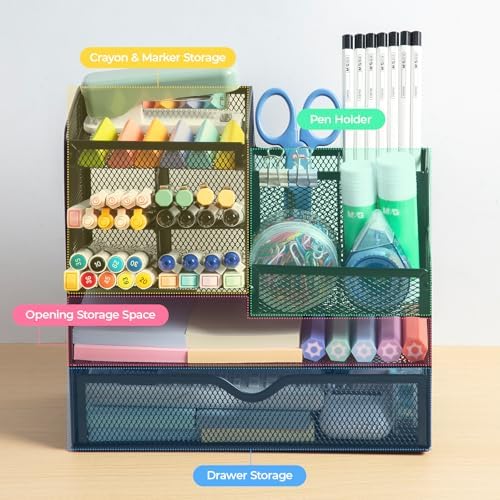 M&G Mesh Pen Holder for Desk, Multi-Functional Pencil Holder with Drawer Desk Organizer, Large Capacity Office Desk organizers and Accessories (Black)
