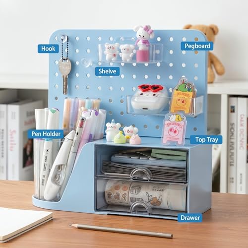 Comix Desk Organizer with 2 Drawer, Blue 360° Rotating Pen Holder for Desk