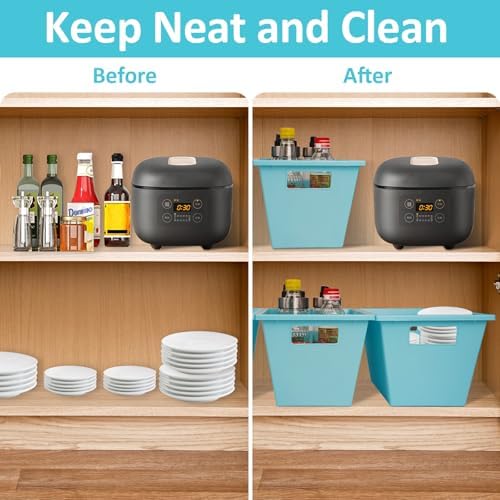 KOOMADE 4PC Plastic Stackable Storage Basket - Large Basket Organizer with Handle for Kitchen ,Offices ,Shelving, Pantry,Cabinet and Bathrooms Open Storage Bin for Space Optimization Portability-Blue