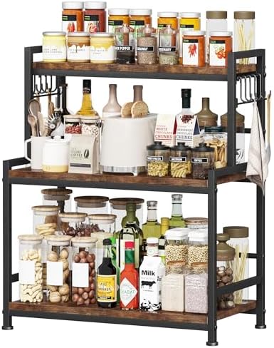 23.6"W Large Kitchen Countertop Organizer,3 Tier Spice Rack Organizer with Adjustable Shelf and 10 Hooks,Wooden Counter Organizer,Space Saving Countertop Shelf Microwave Stand for Kitchen,Coffee Bar