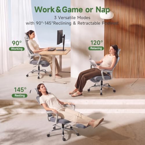 Ergonomic Office Chair with Footrest, 90-145° Reclining Mesh Desk Chair