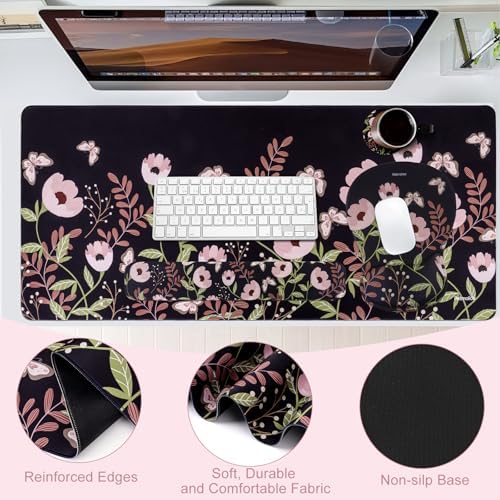 Petmolico Desk Pad Set with Wrist Rest for Keyboard & Mouse, Mint Flower