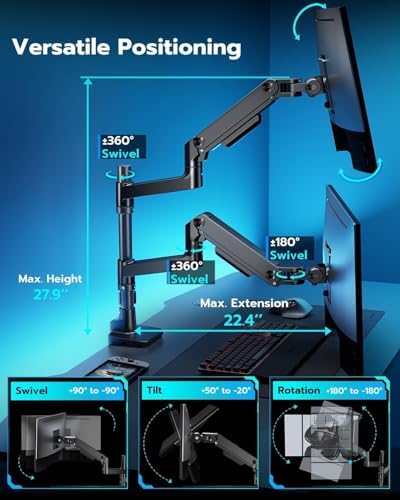 ARES WING Stacked Dual Vertical Monitor Arm with USB A/C for 17 to 49 Inch