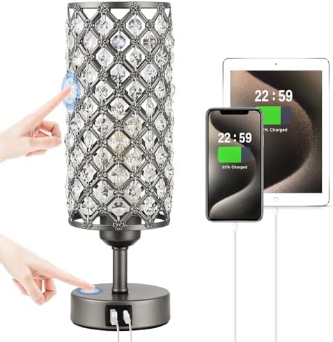 Gray Crystal Bedside Lamp, Nightstand Lamp for Bedroom (Bulb included)