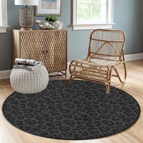 Machine Washable Modern Round Area Rug, Room Sofa Yoga Soft Round Carpet, Home Decor Non Slip Kitchen Office Circle Rug Dark Gray Leopard Cheetah Print Black