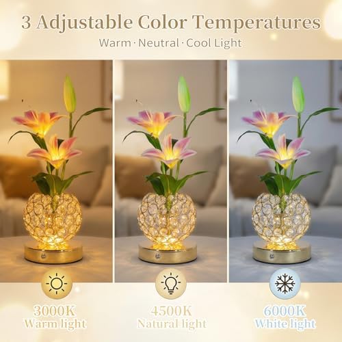 Stargazer Lily Flowers Crystal Table Lamp, Rechargeable Touch Night Lamp