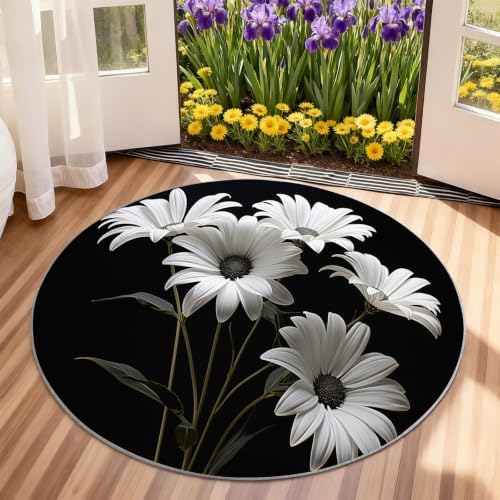 Floral Round Rug - 3ft Washable Abstract Floral Round Area Rug for Bathroom, Modern Fashion Circle Rugs Soft Non-Slip Carpet for Kitchen Bedroom Kids Room Decor Mat