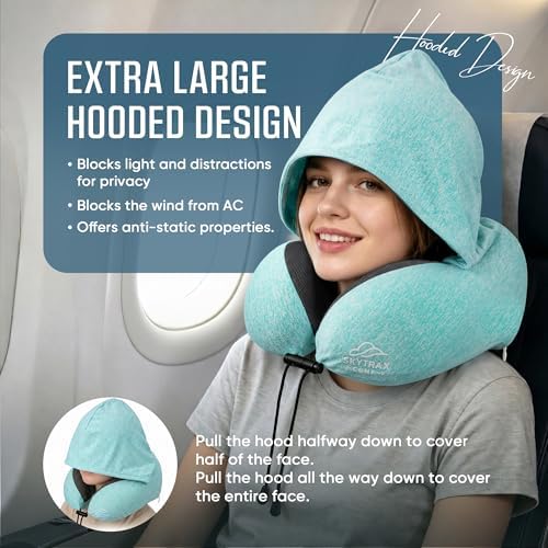 SkytraxComf® Travel Neck Pillow with Hood for Privacy on Long Flights