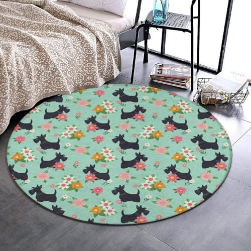 Large Machine Washable Circular Rugs, Home Decor Round Mat for Living Room Sofa Office Black Scottie Dog Floral, 36inch