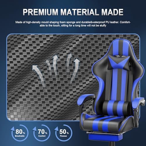Huracan Gaming Chair with Footrest, Adjustable Ergonomic Computer Office Chair with Lumba Pillow, Video Game Computer Chairs for Adults, Racing Style Reclining Backrest Office Desk Chairs, Blue
