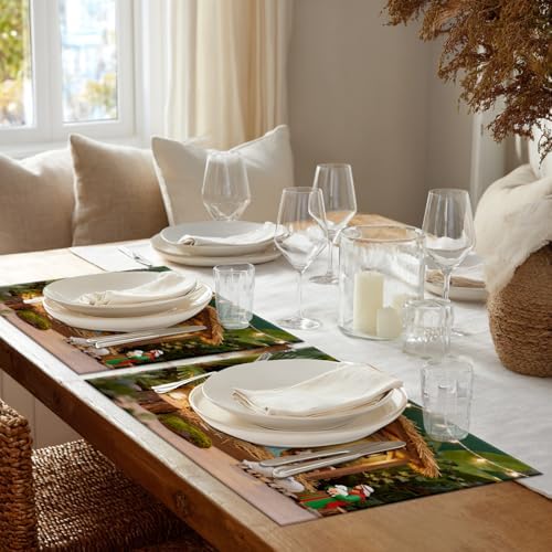 Shrahala Brown Christian Christmas Set of 6 12 X 18 Inch Linen Placemats, Straw Yellow Black Holy Virgin Burlap Table Mat Washable Double Layered Heat Insulation for Indoor/Outdoor
