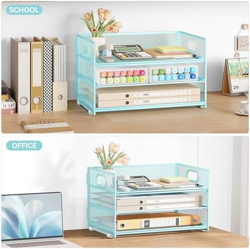 Subekyu 3 Tier Paper Desk Organizer with Handle and 1 PC Slideable Letter Tray, A4 Paper File Folder Sorter Metal Mesh Organizer for Home Office School Desk Supplies Organization Storage, Blue