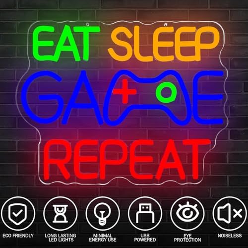 Eat Sleep Game Repeat Neon Sign Gaming LED Sign for Boys Room USB Powered Light Up Gamer Sign Decor for Man Cave Bar Bedroom Gaming Room Neon Wall Art for Men Gifts for Boys