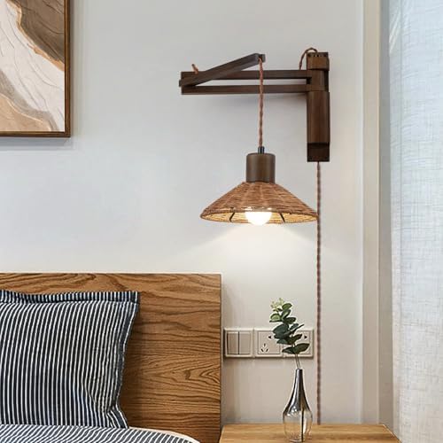 maesta Plug in Wall Lamp, Wood Swing Arm Wall Sconce for Bedroom