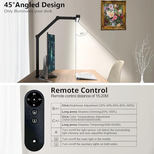Micomlan Architect Desk Lamp with Remote Control, Adjustable Led Desk Light for Home Office with Base, 24W Bright Auto Dimming Table Light Rotatable Office Lamp with Swing Arm for Computer Cafting