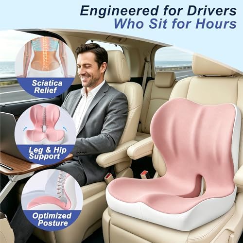 Seat Cushion for Office Chair and Car, Ergonomic Memory Foam Seat Cushion with Lumbar Support Pillow, Orthopedic Cushion for Sciatica & Back Pain, Pink & Light Gray