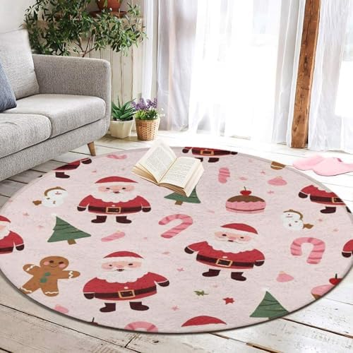 Large Home Decor Mat, Soft Round Yoga Carpet, Non Slip Machine Washable Kitchen Office Circle Rug Pink Santa Claus Christmas