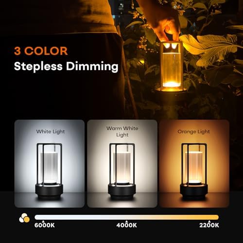 Rechargeable Cordless Small Metal Table Lamp, Stepless Dimming, 3-Color