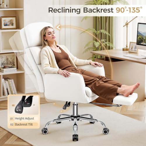 Big and Tall Office Chair 500LBS, Ergonomic High Back Leather Executive Chair, Reclining Swivel with Adjustable Armrests Lumbar Support Footrest, Cross Legged, White
