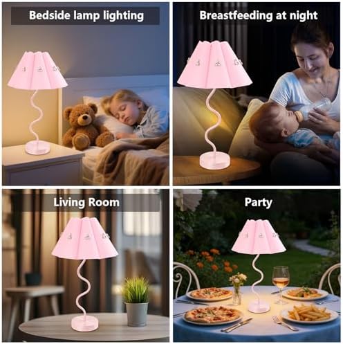 Cordless Rechargeable LED Table Lamp, Portable Desk lamp Battery, 3 Color Stepless Dimming with Memory Function, Suitable for Outdoor, Dinner, Patio & Restaurant. (Pink with Diamonds)