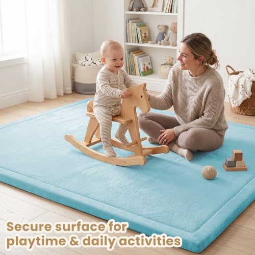 ACOMOPACK Baby Play Mat for Floor 1.3" Thick Memory Foam Play Mats 71"×79" Tummy Time Crawling with Non-slip Bottom for Living Room,Nursery,Soft Velvet Playpen for Kids,Infants（Light Blue）