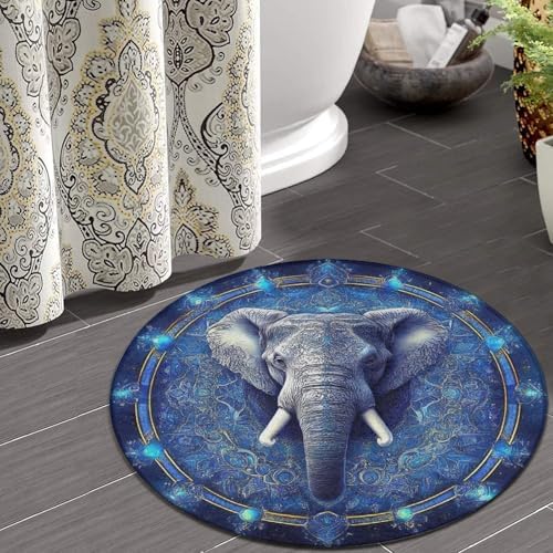 Machine Washable Modern Round Area Rug, Room Sofa Yoga Soft Round Carpet, Home Decor Non Slip Kitchen Office Circle Rug Mandala Elephant Art, 60inch