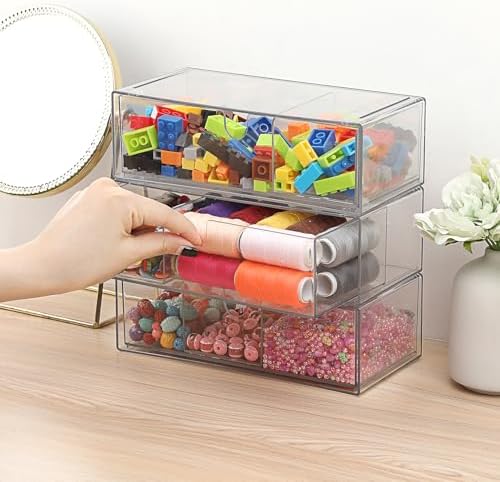Acrylic Pencil Drawer with Removable Dividers Clear Pull Out Pen Drawer Organizer Stackable Bathroom Organizer for Makeup, Cosmetics, Office Supplies,3 Pack
