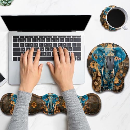 Keyboard Wrist Rest and Mouse Pad Wrist Support with Lace-Shaped Coaster Set, Ergonomic Gel Memory Foam and Anti-Slip Base, Easy Typing and Pain Relief - Blue Spotted Weevil