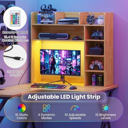 Tangkula Desktop Bookshelf with LED Lights, Desk Hutch with 8 Shelves for Max 25" Monitor, Desktop 5-Tier Display Rack, Wood Desktop Storage Hutch Organizer for Dorm Office Home, Burlywood