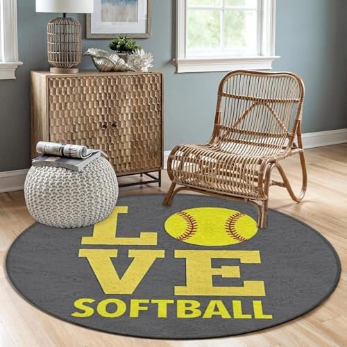 Fashion Round Area Rug Large Non Slip Carpet, Love Sports Softball Unisex Home Decor Mat