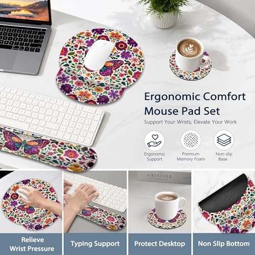 Keyboard Wrist Rest Pad Ergonomic Mouse Pad Set,Vintage Floral Butterfly 3 in 1 Memory Foam Mouse Pad with Non Slip Base for Office and Home