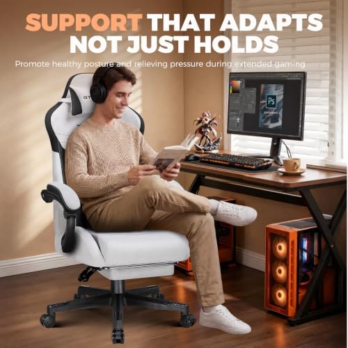 GTPLAYER Gaming Chair with Footrest, Ergonomic Office Chair 400lbs Heavy Duty, Big and Tall Computer Desk Chair with Lumbar Support and Headrest, Breathable Tech Fabric, 90-155° Recline Grey