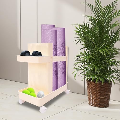 Home Gym Storage,2 Tiers Workout Equipment Organizer with Wheels Workout Equipment Storage Organizer Yoga Mat Storage Racks Home Gym Storage Rack for Yoga Mats, Foam Roller, Dumbbells