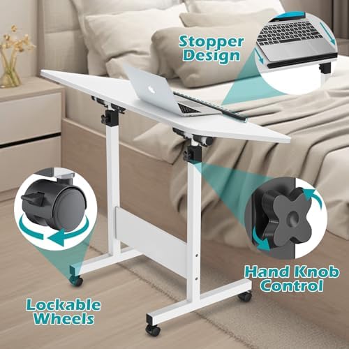 ZHIDIAN Tiltable Foldable Standing Desk Adjustable Height, Portable Computer Desk with Wheels, Mobile Sit Stand Small Rolling Laptop Table for Walking Pad, Bike Trainer, White