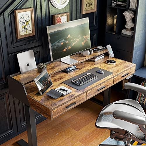 CubiCubi One-Piece Standing Desk 48x26 with 3 Wood Drawers, Rustic Brown