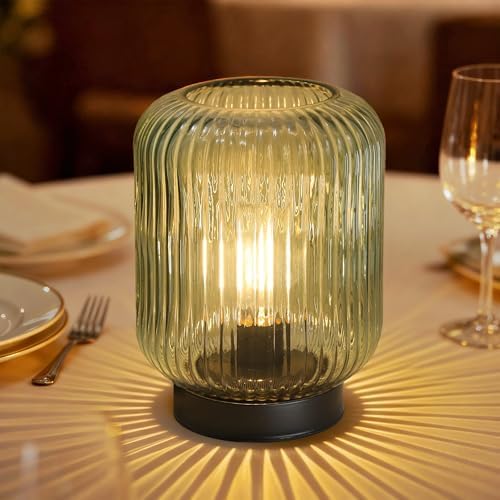 LUSHARBOR Battery Operated Lamp, Cordless Table Lamps for Home Decor, Battery Powered Nightlight with LED Bulb, Decorative Glass Beside Lamp for Bedroom Living Room-Green
