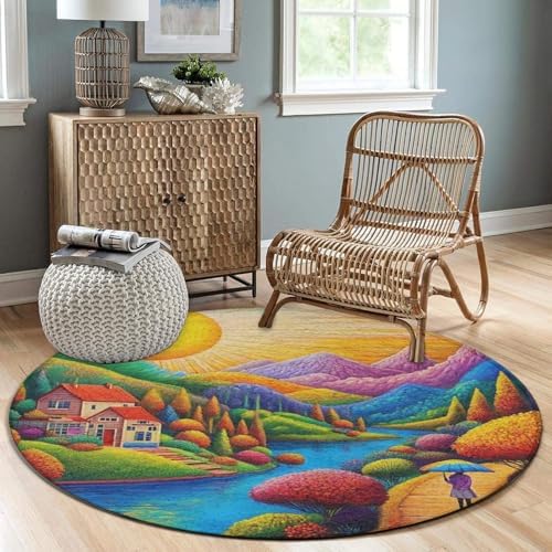 Large Round Area Rug Home Decor Modern Bathroom Rug Kitchen Office Circle Rug for Living Room Sofa Circle Cute Mat Colorful Red Cottage Landscape Art, 36inch