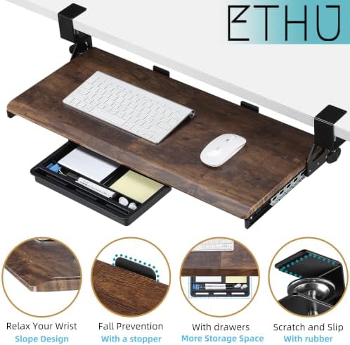 ETHU Keyboard Tray Under Desk with Metal Rail, 26.8x12.2", Walnut
