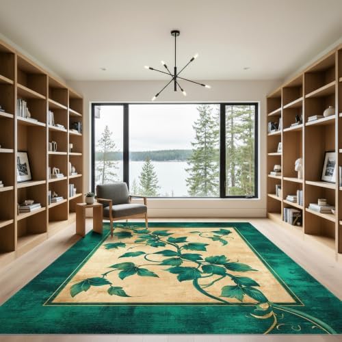 9'x12' Green Cat Cat-Inspired Vine Symmetry Washable Area Rug
