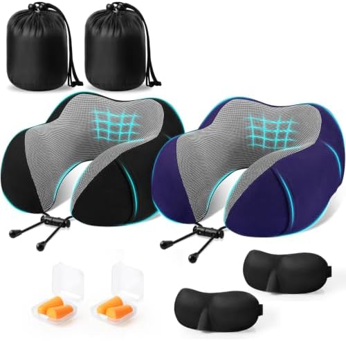 CloudBliss Memory Foam Travel Neck Pillow Airplane, 2 Pack, Black & Navy